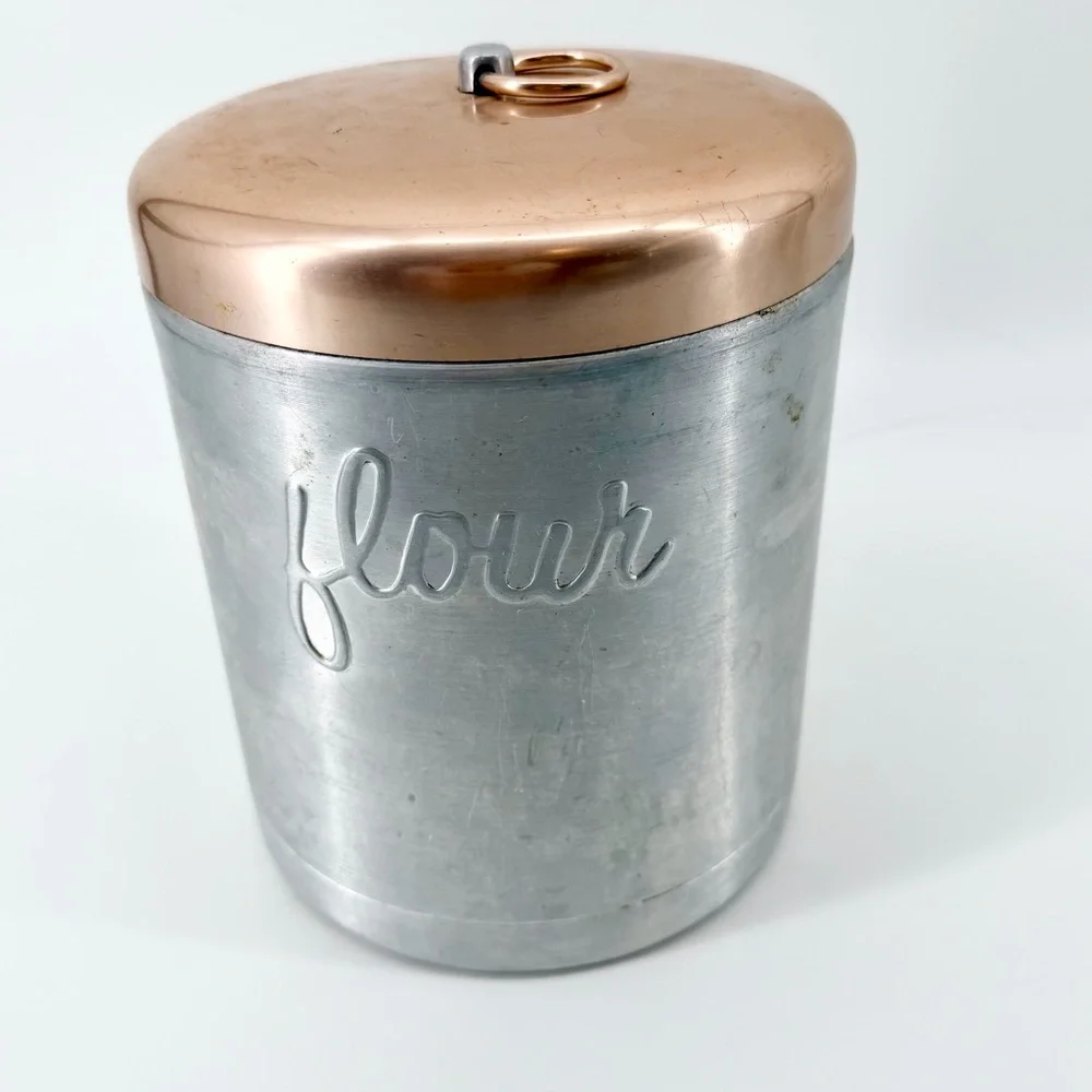 Vintage 50’s MCM Heller Hostess Ware Aluminum Canister Set 4pc Copper Lids Italy